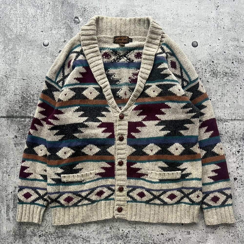 Vintage Eddie Bauer Sweater Mens XL Beige Southwestern Cardigan Wool Blend Shawl